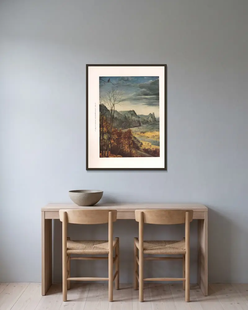 Fluß- und Gebirgslandschaft av Pieter Bruegel The Elder inramad på en vägg