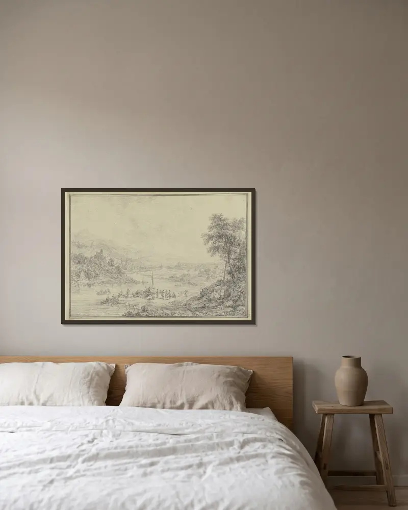 Flodlandskap med en liten stad i dalen, borgar och slott på bergen, framme vid stranden fartyg och figursceneri av Christian Georg Schütz the elder inramad på en vägg