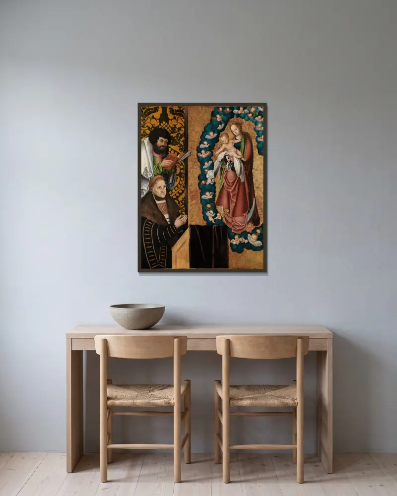 Friedrich der Weise vor Muttergottes von Lucas Cranach the Elder gerahmt an einer Wand