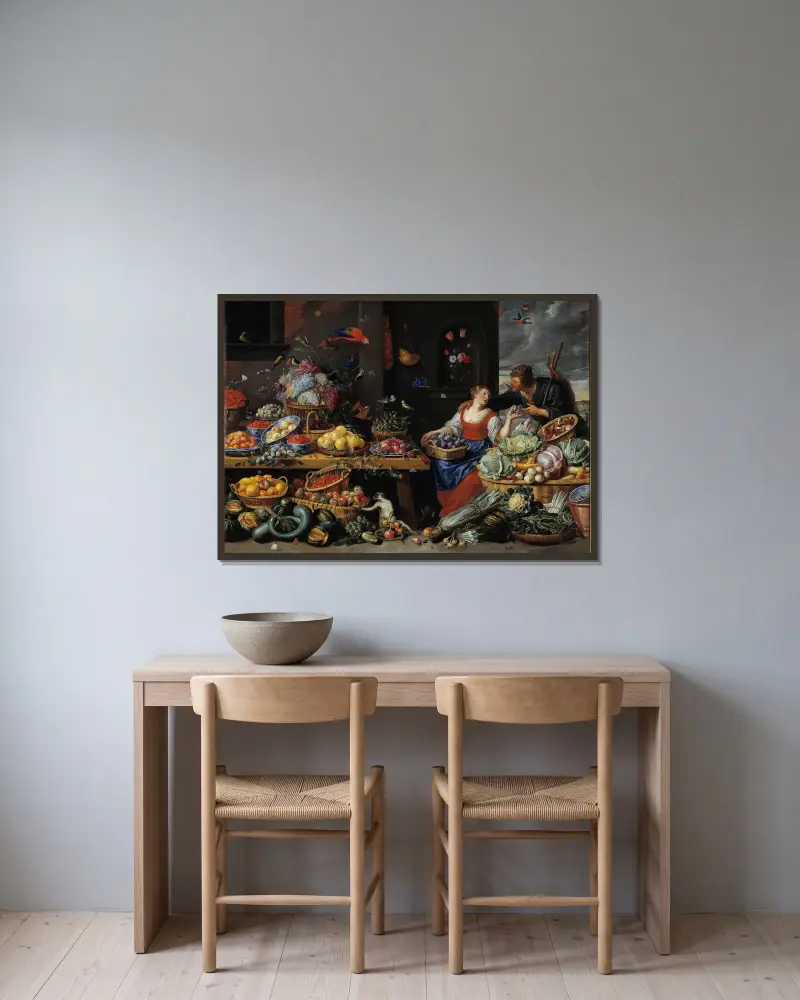 Frukt- och grönsaksmarknad med en ung frukthandlerska av Jan Van Kessel The Elder inramad på en vägg