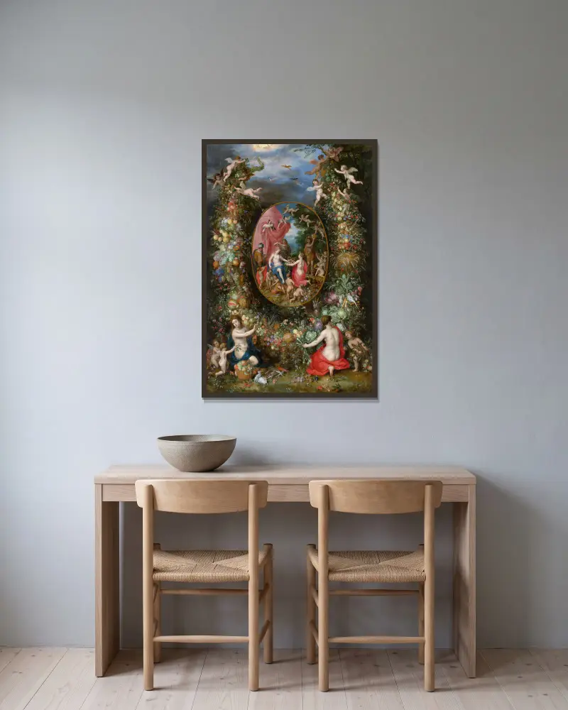 Fruchtgirlande um eine Darstellung der Kybele, die Gaben von den Personifikationen der vier Jahreszeiten empfängt von Jan Brueghel The Elder gerahmt an einer Wand