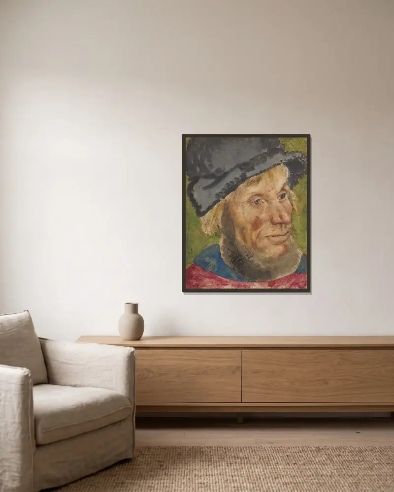 Bauernkopf von Lucas Cranach the Elder gerahmt an einer Wand