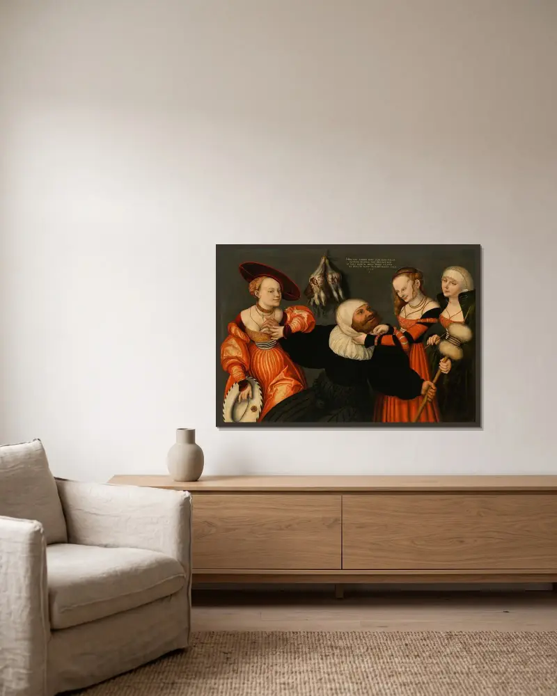 Herkules und Omphale, 1532 von Lucas Cranach the Elder gerahmt an einer Wand