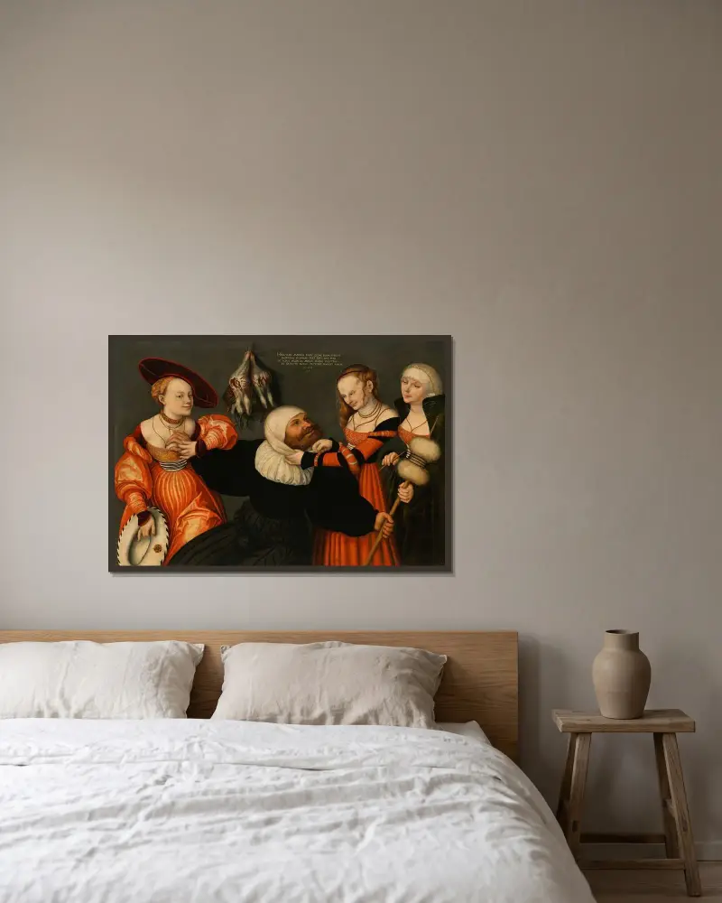 Herkules und Omphale, 1532 von Lucas Cranach the Elder gerahmt an einer Wand