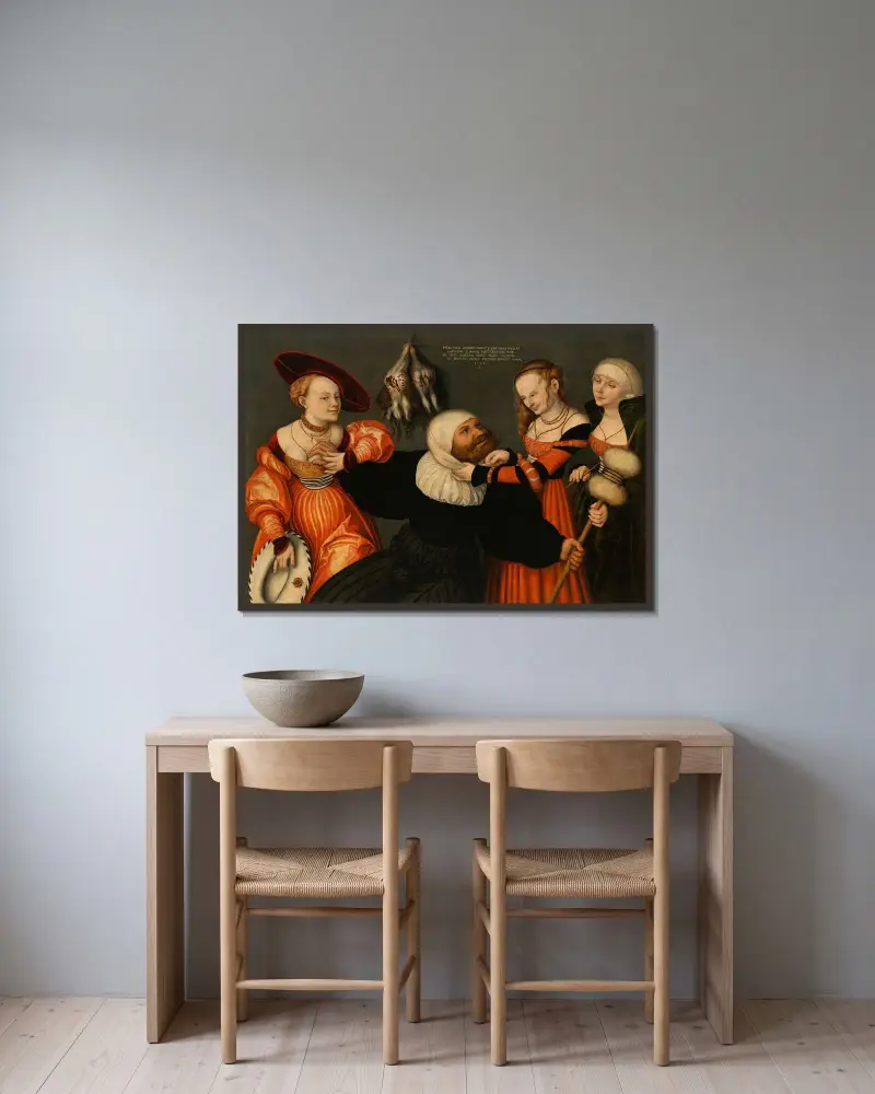 Herkules und Omphale, 1532 von Lucas Cranach the Elder gerahmt an einer Wand