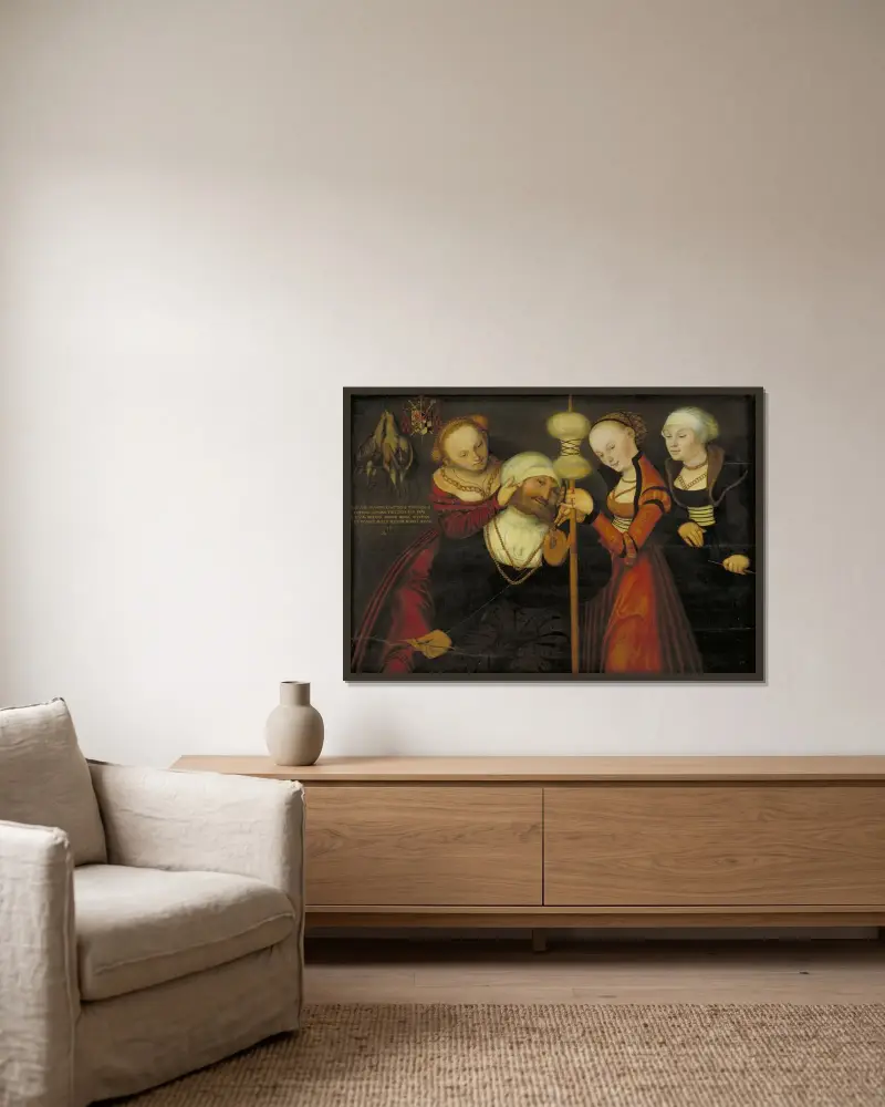 Herkules und Omphale, 1535 von Lucas Cranach the Elder gerahmt an einer Wand