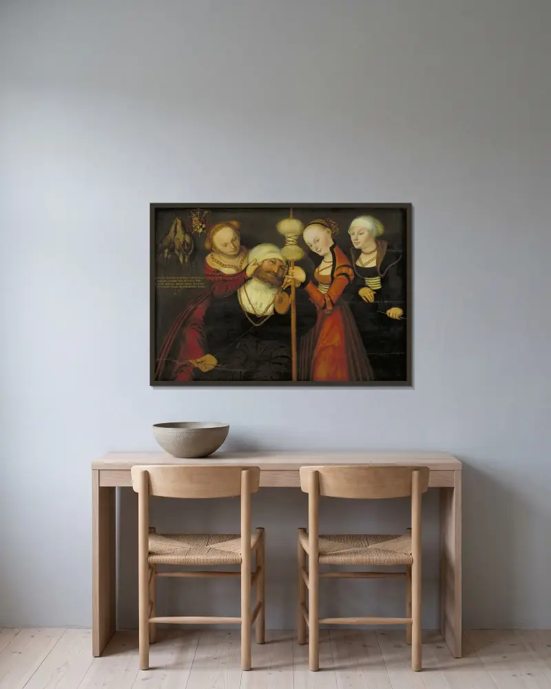 Herkules und Omphale, 1535 von Lucas Cranach the Elder gerahmt an einer Wand
