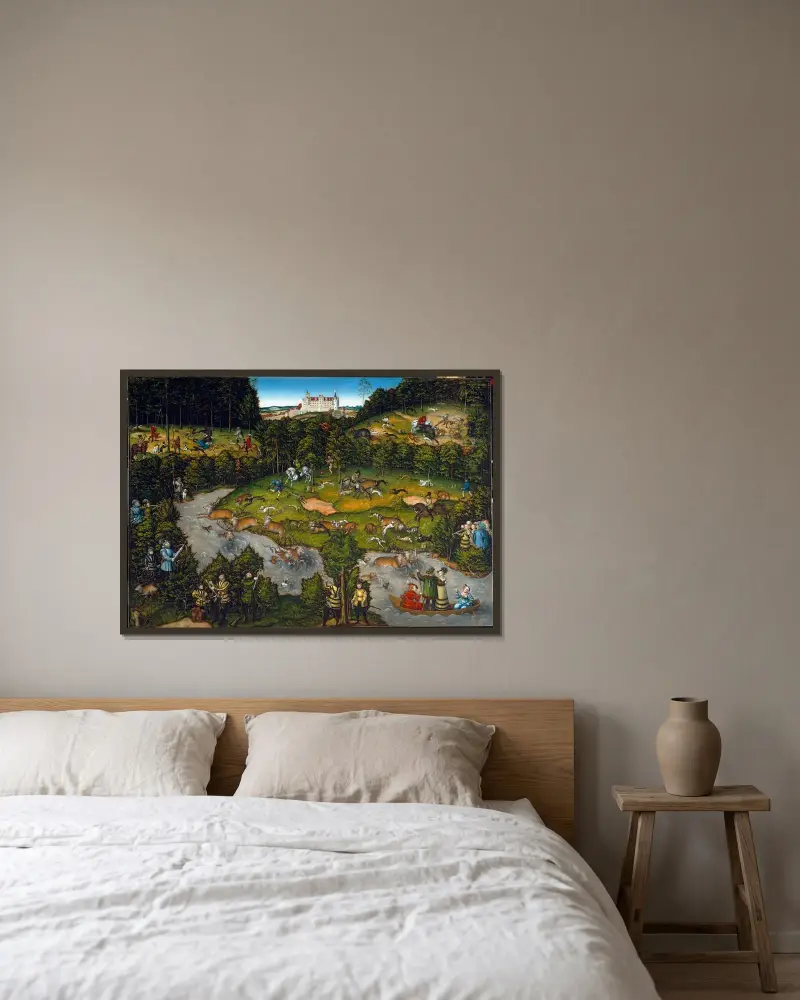 Jagd bei Schloss Hartenfels von Lucas Cranach the Elder gerahmt an einer Wand
