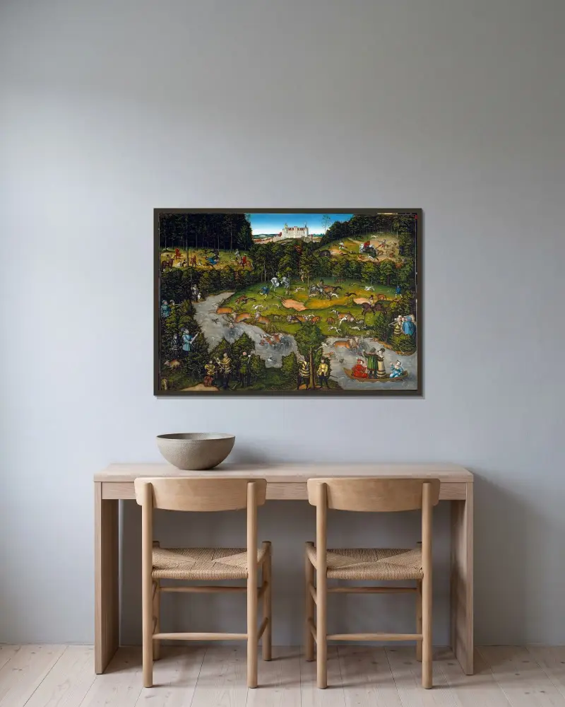 Jagd bei Schloss Hartenfels von Lucas Cranach the Elder gerahmt an einer Wand