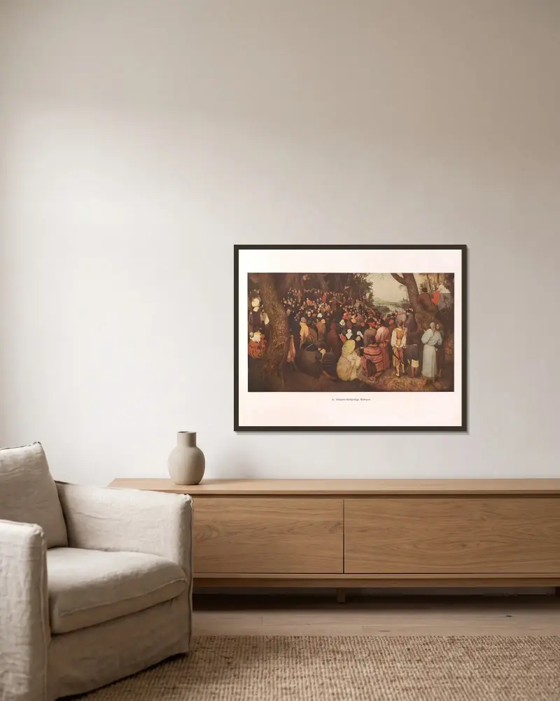 Johannes der Täufer predigt in der Wüste von Pieter Bruegel The Elder gerahmt an einer Wand