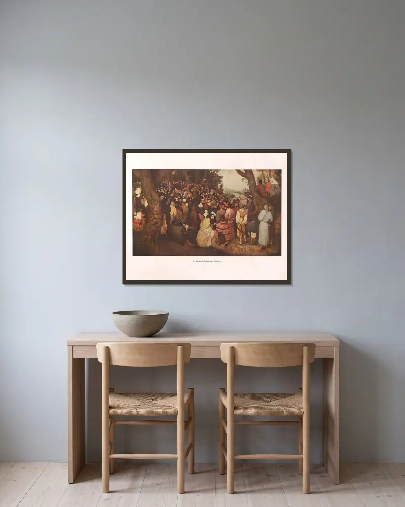 Johannes der Täufer predigt in der Wüste von Pieter Bruegel The Elder gerahmt an einer Wand