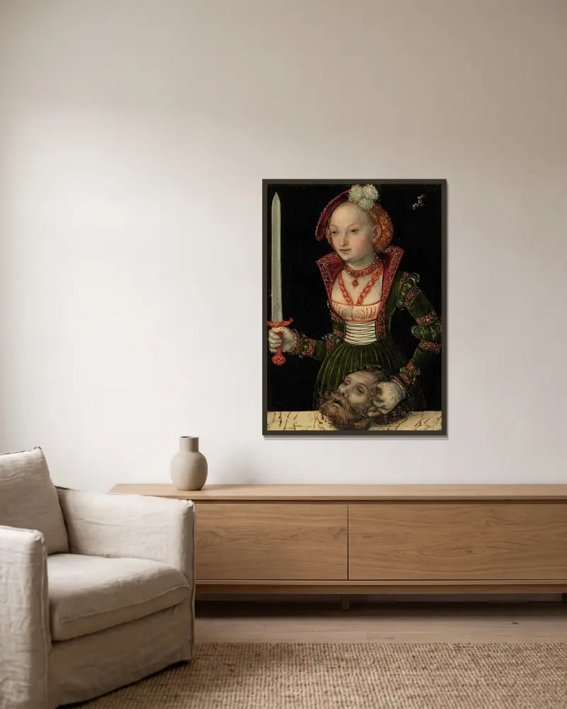 Judith und Holofernes von Lucas Cranach the Elder gerahmt an einer Wand