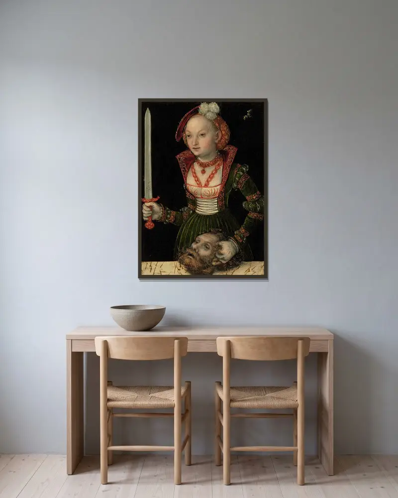 Judith und Holofernes von Lucas Cranach the Elder gerahmt an einer Wand