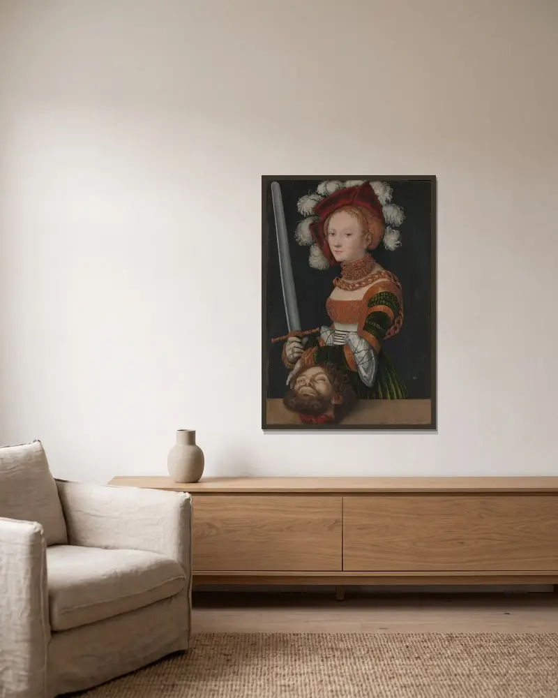 Judit med Holofernes huvud av Lucas Cranach the Elder inramad på en vägg