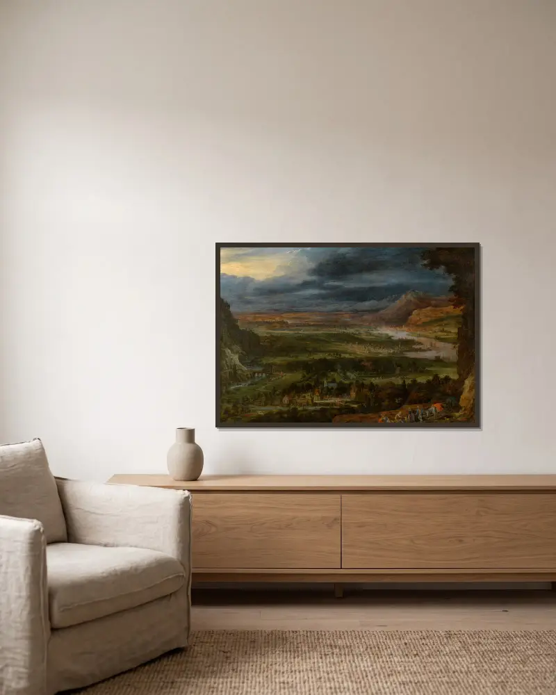 Landscape av Jan Brueghel The Elder inramad på en vägg