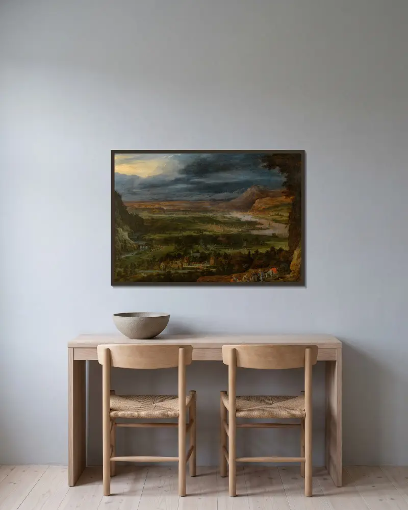 Landscape av Jan Brueghel The Elder inramad på en vägg