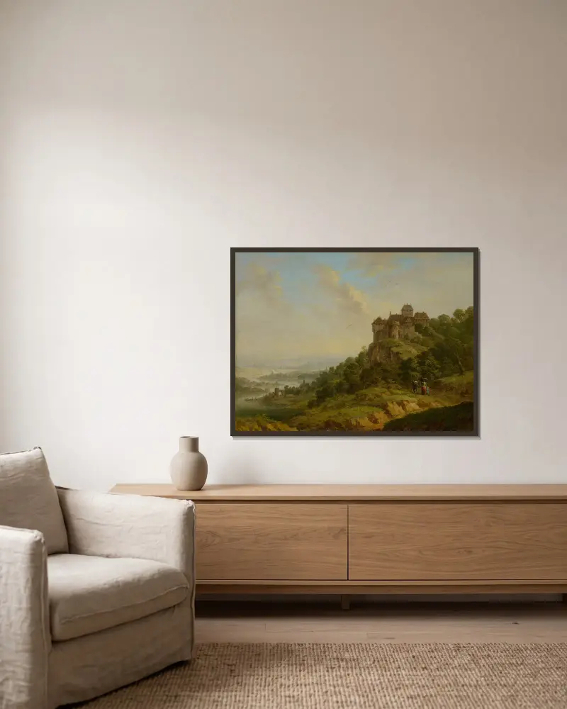 Landscape with Castle av Christian Georg Schütz the elder inramad på en vägg