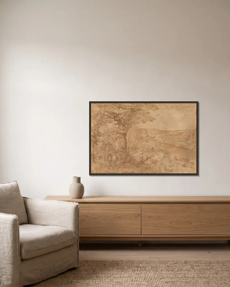 Landschaft mit Pilgern von Pieter Bruegel The Elder gerahmt an einer Wand