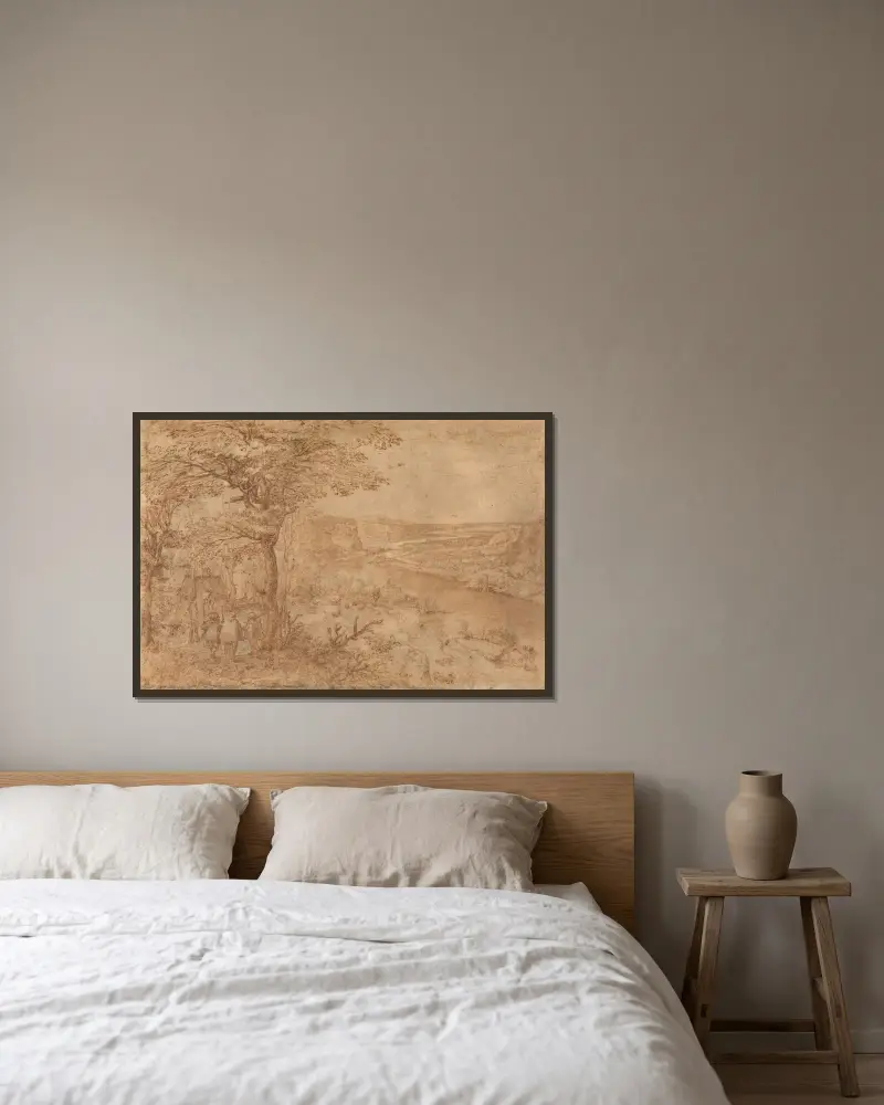 Landschaft mit Pilgern von Pieter Bruegel The Elder gerahmt an einer Wand