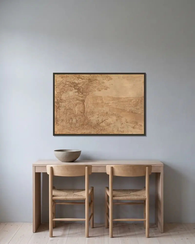 Landschaft mit Pilgern von Pieter Bruegel The Elder gerahmt an einer Wand