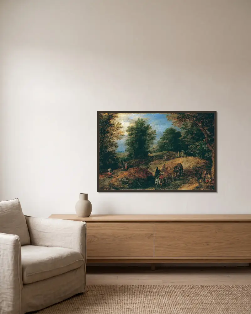 Landskap med resenärer på en skogsstig av Jan Brueghel The Elder inramad på en vägg
