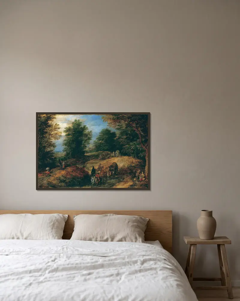 Landskap med resenärer på en skogsstig av Jan Brueghel The Elder inramad på en vägg