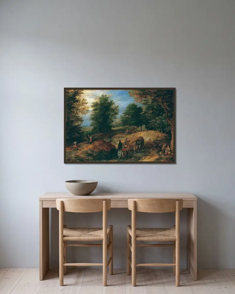Landskap med resenärer på en skogsstig av Jan Brueghel The Elder inramad på en vägg
