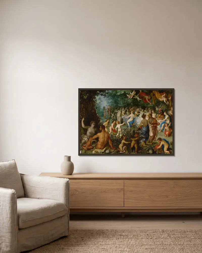 Landskap med Peleus och Thetis bröllop av Jan Brueghel The Elder inramad på en vägg