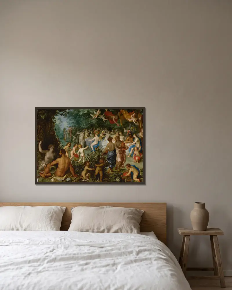 Landskap med Peleus och Thetis bröllop av Jan Brueghel The Elder inramad på en vägg