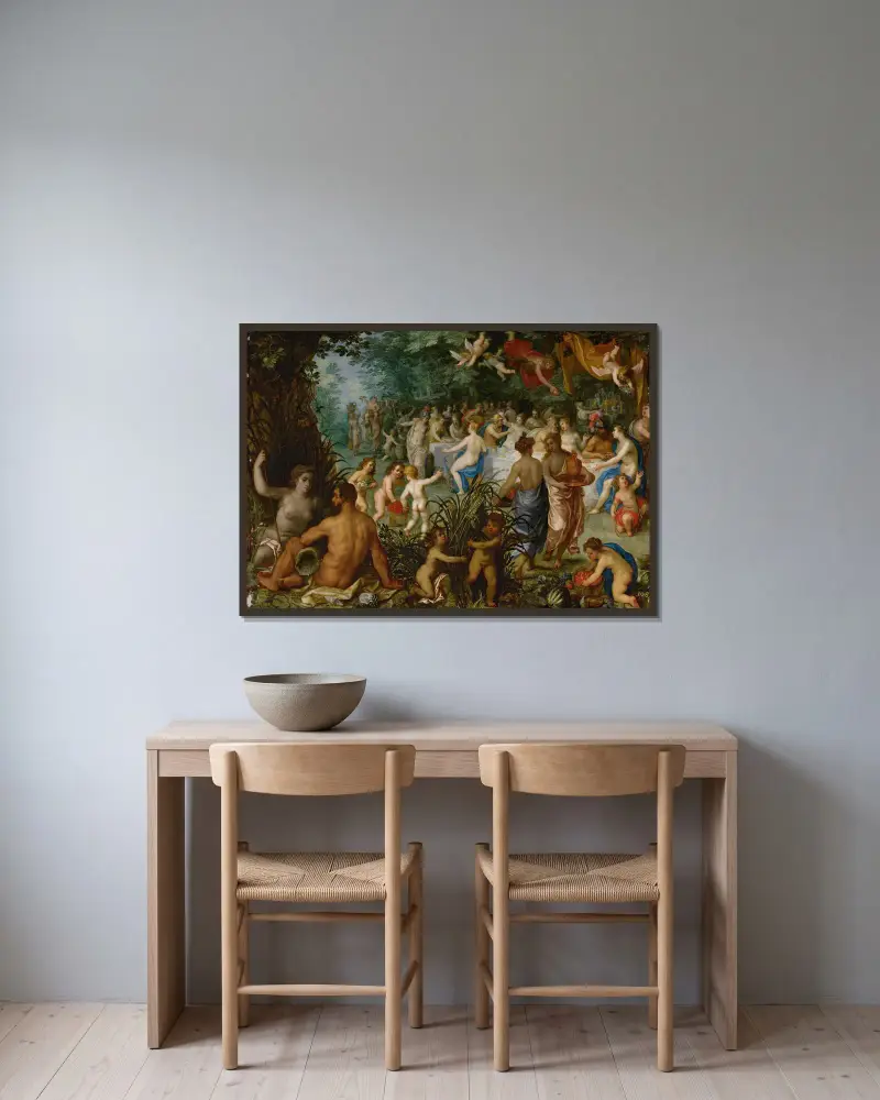 Landskap med Peleus och Thetis bröllop av Jan Brueghel The Elder inramad på en vägg
