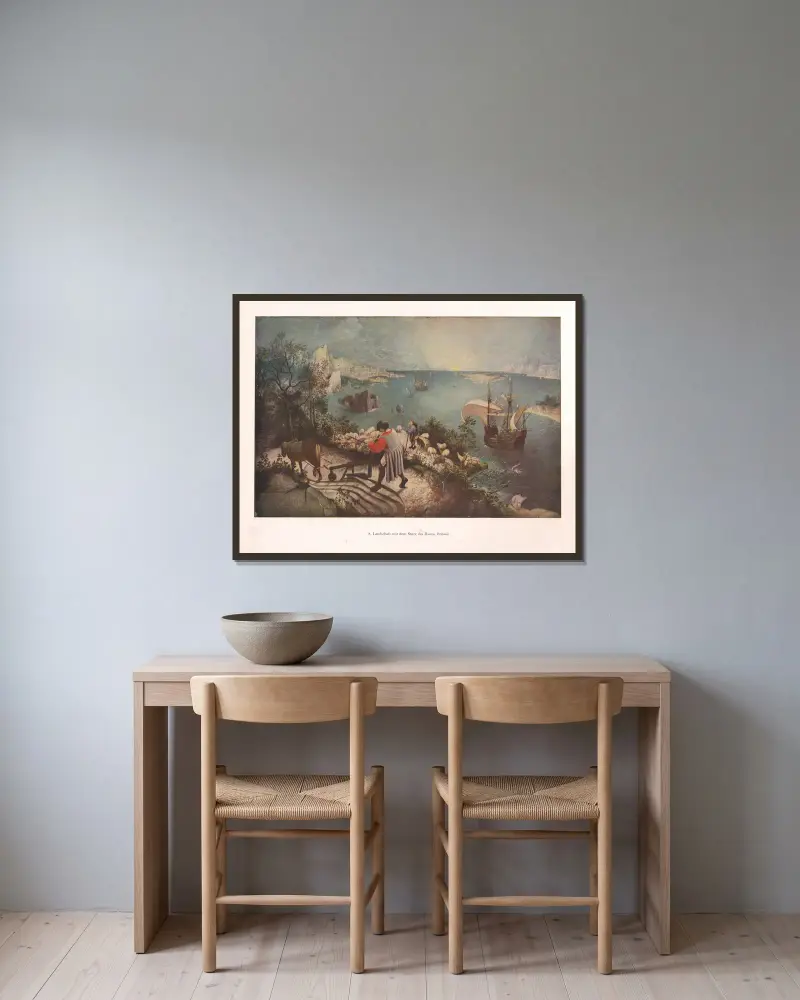 Landschaft mit dem Sturz des Ikarus av Pieter Bruegel The Elder inramad på en vägg