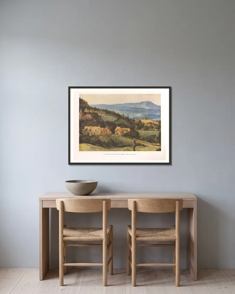 Landskap med by och fjärran berg av Pieter Bruegel The Elder inramad på en vägg