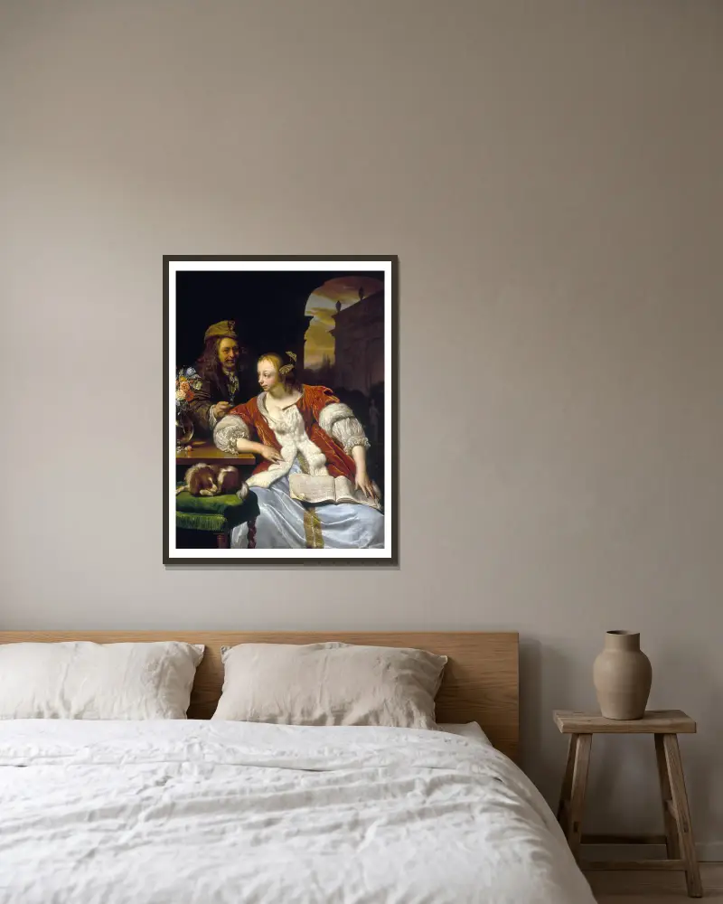 Avbruten sång; porträtt av konstnären och hans hustru av Frans van Mieris the Elder inramad på en vägg