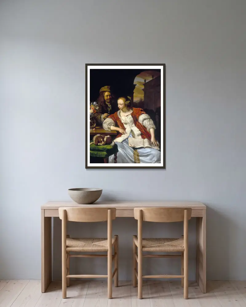 Avbruten sång; porträtt av konstnären och hans hustru av Frans van Mieris the Elder inramad på en vägg