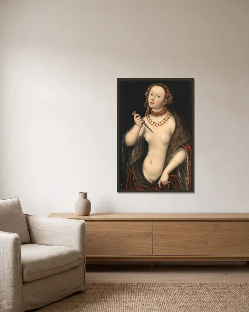Lucretia, 1525 av Lucas Cranach the Elder inramad på en vägg