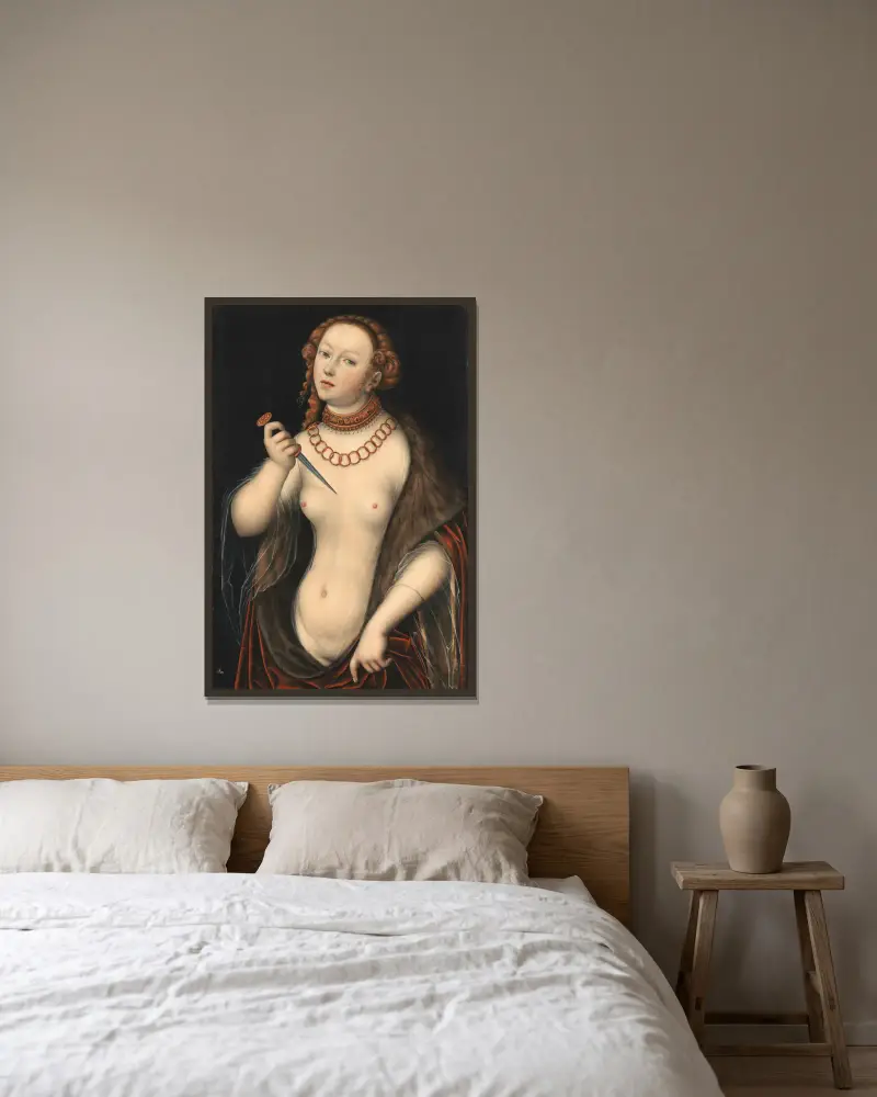 Lucretia, 1525 av Lucas Cranach the Elder inramad på en vägg
