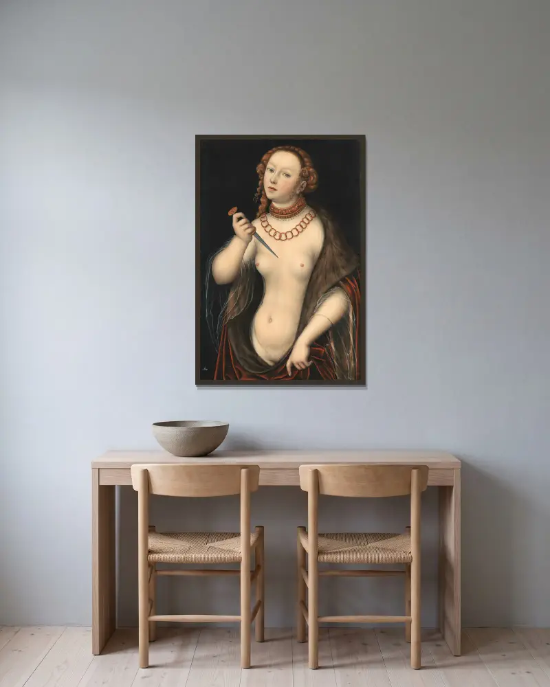 Lucretia, 1525 av Lucas Cranach the Elder inramad på en vägg