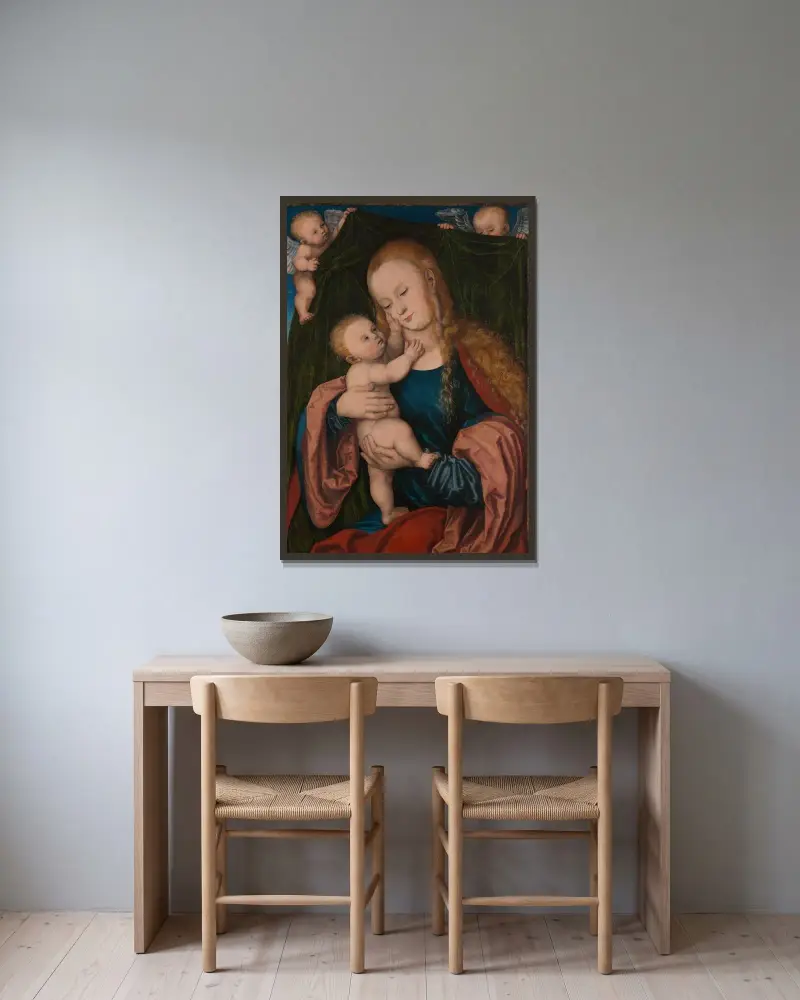 Madonna and Child, 1527 av Lucas Cranach the Elder inramad på en vägg