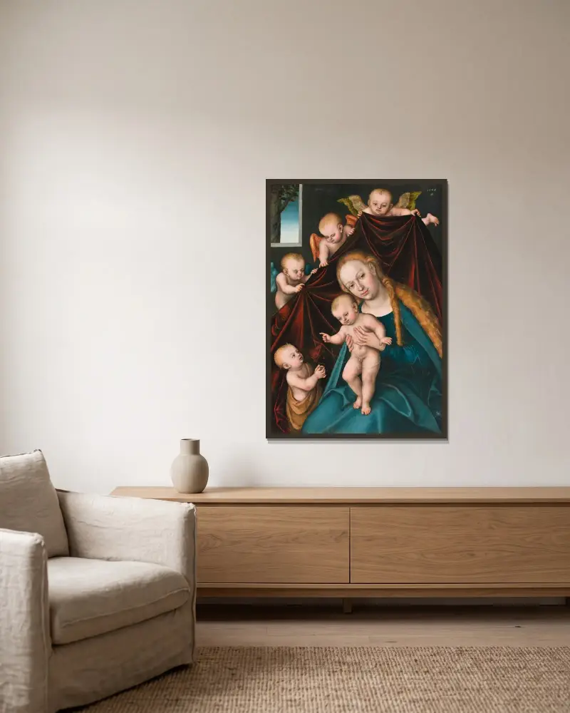 Madonna med barnet, Johannes döparen som barn och änglar av Lucas Cranach the Elder inramad på en vägg