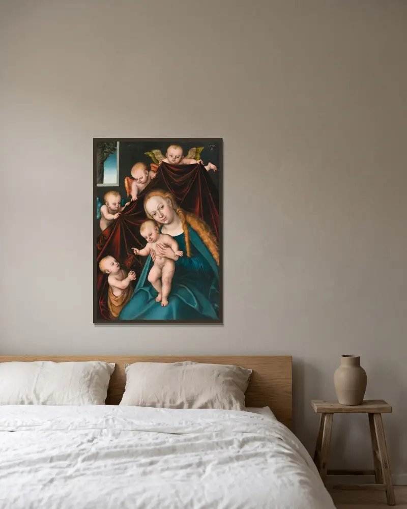 Madonna med barnet, Johannes döparen som barn och änglar av Lucas Cranach the Elder inramad på en vägg