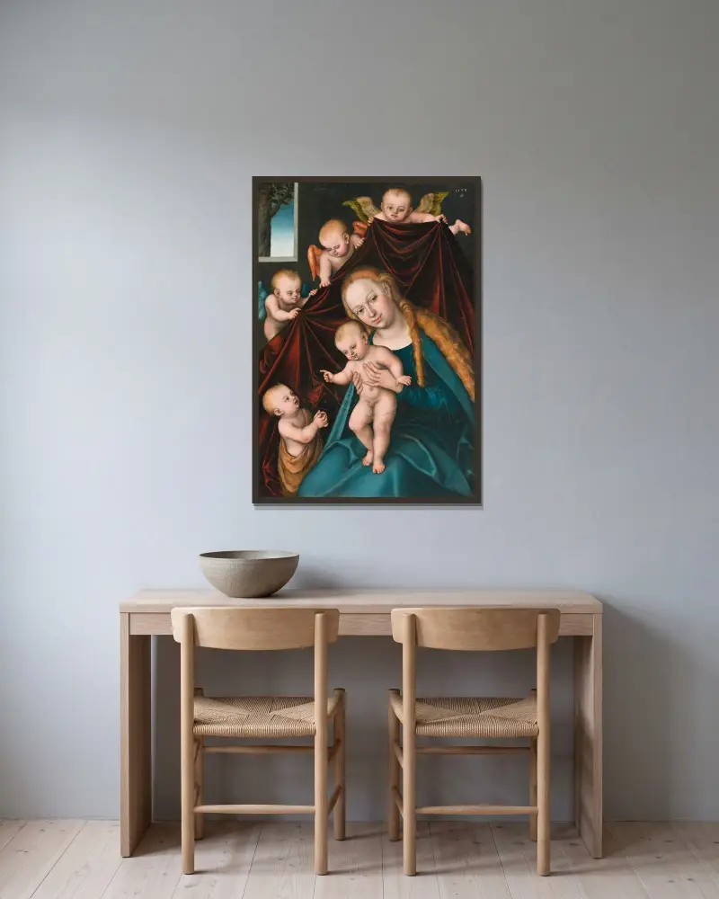 Madonna med barnet, Johannes döparen som barn och änglar av Lucas Cranach the Elder inramad på en vägg