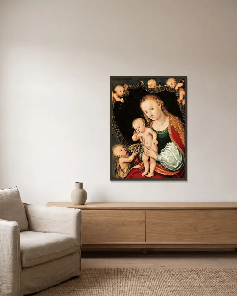 Madonnan med barnet och den unge Johannes Döparen av Lucas Cranach the Elder inramad på en vägg