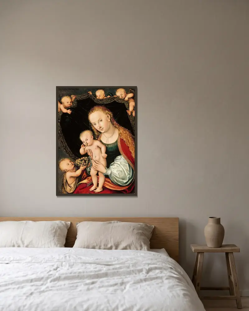 Madonnan med barnet och den unge Johannes Döparen av Lucas Cranach the Elder inramad på en vägg