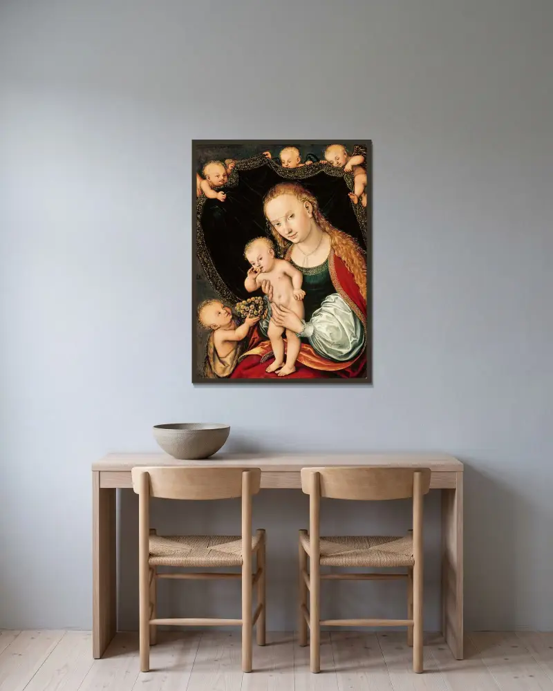 Madonnan med barnet och den unge Johannes Döparen av Lucas Cranach the Elder inramad på en vägg