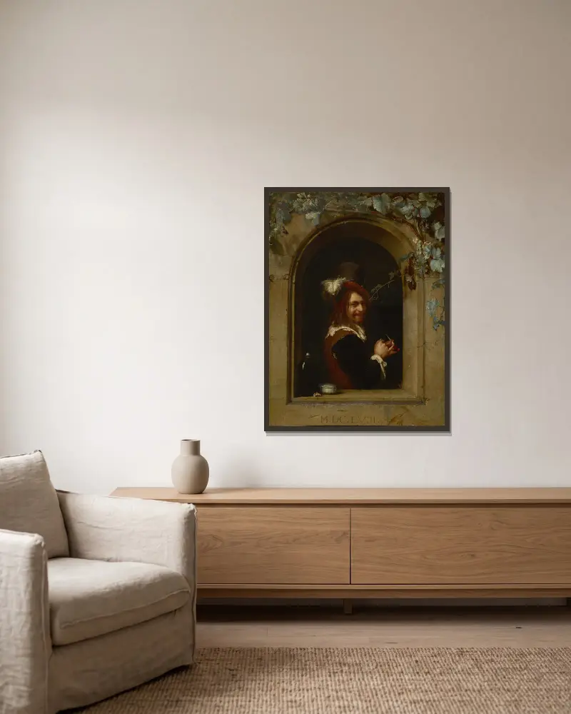 Mężczyzna z fajką przy oknie, Frans van Mieris the Elder w ramie na ścianie
