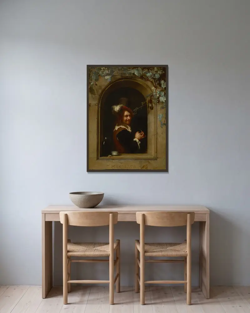 Mężczyzna z fajką przy oknie, Frans van Mieris the Elder w ramie na ścianie