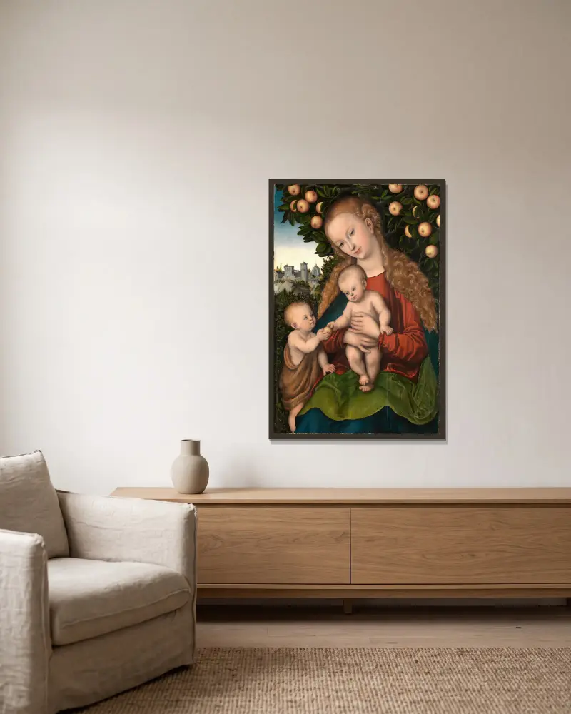 Madonnan med barnet och Johannes under äppelträdet av Lucas Cranach the Elder inramad på en vägg