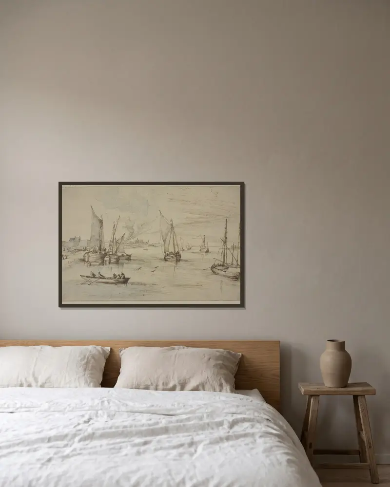 Marine mit vielen Schiffen, links ein Dorf, vorn ein Ruderboot von Jan Brueghel The Elder gerahmt an einer Wand