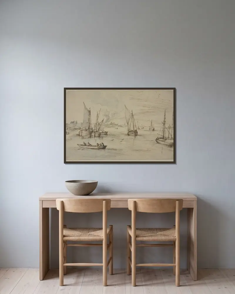 Marine mit vielen Schiffen, links ein Dorf, vorn ein Ruderboot von Jan Brueghel The Elder gerahmt an einer Wand