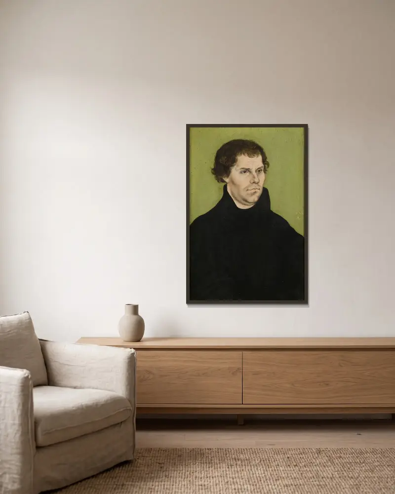 Martin Luther, 1527 av Lucas Cranach the Elder inramad på en vägg